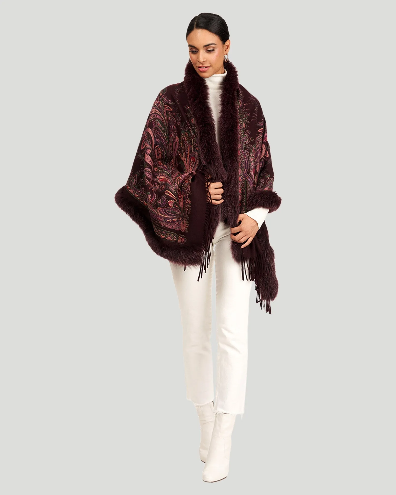 Printed Cashmere Stole with Fox Tape Top and Bottom