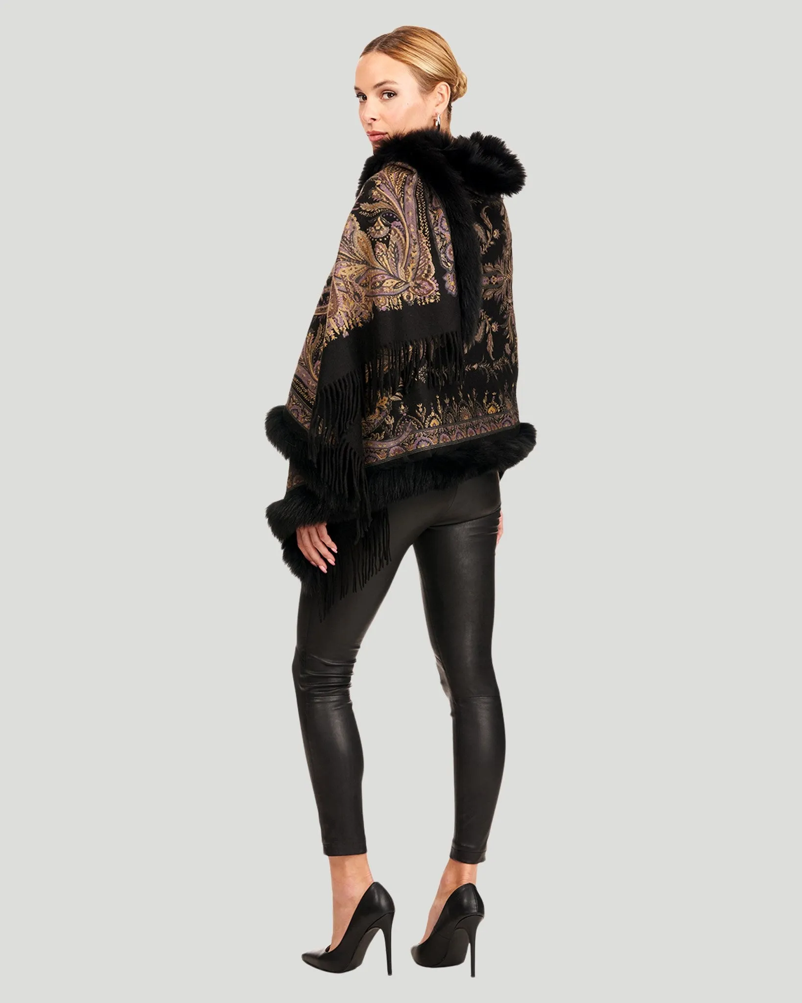 Printed Cashmere Stole with Fox Tape Top and Bottom