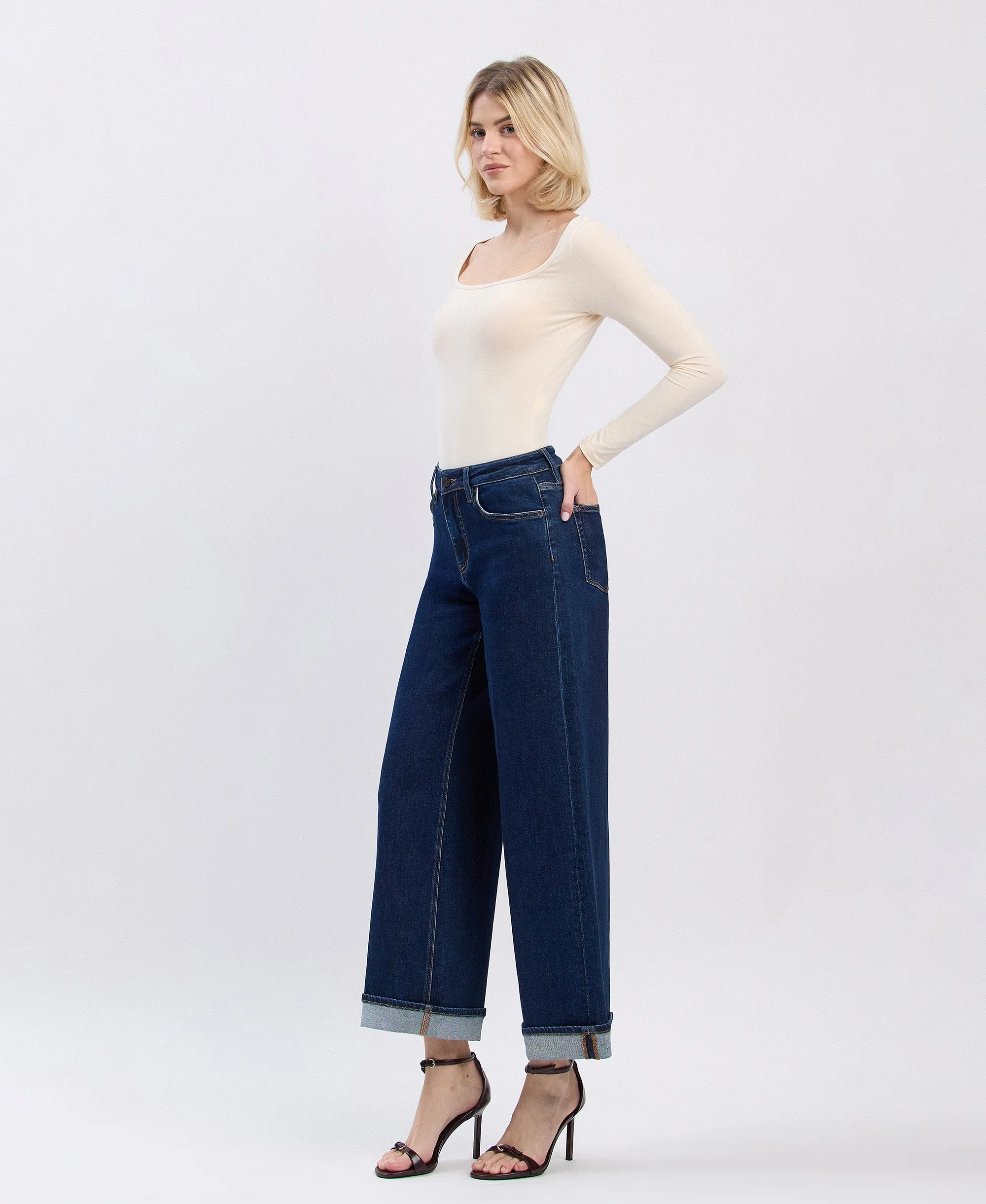 Reward - High Rise Tab Cuffed Ankle Wide Leg Jeans