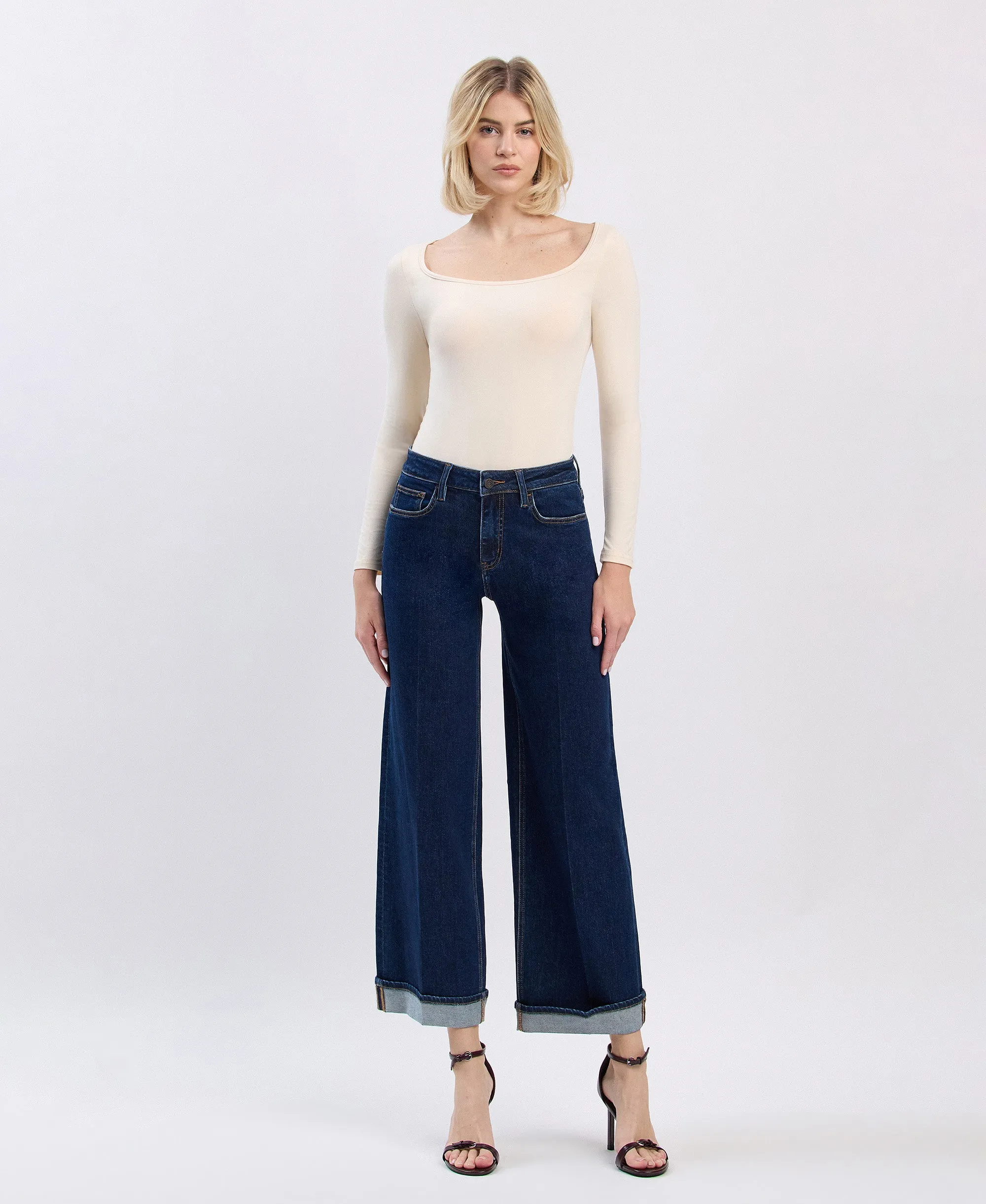 Reward - High Rise Tab Cuffed Ankle Wide Leg Jeans