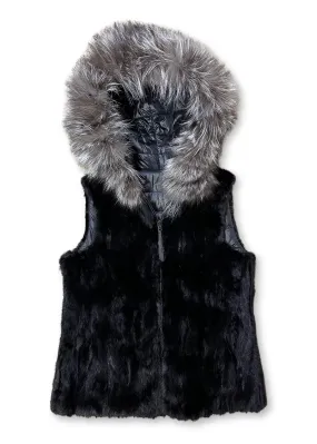 Rippe's Furs Reversible Sculpted Hooded Mink Vest with Fox Fur Trim - Black/Silver