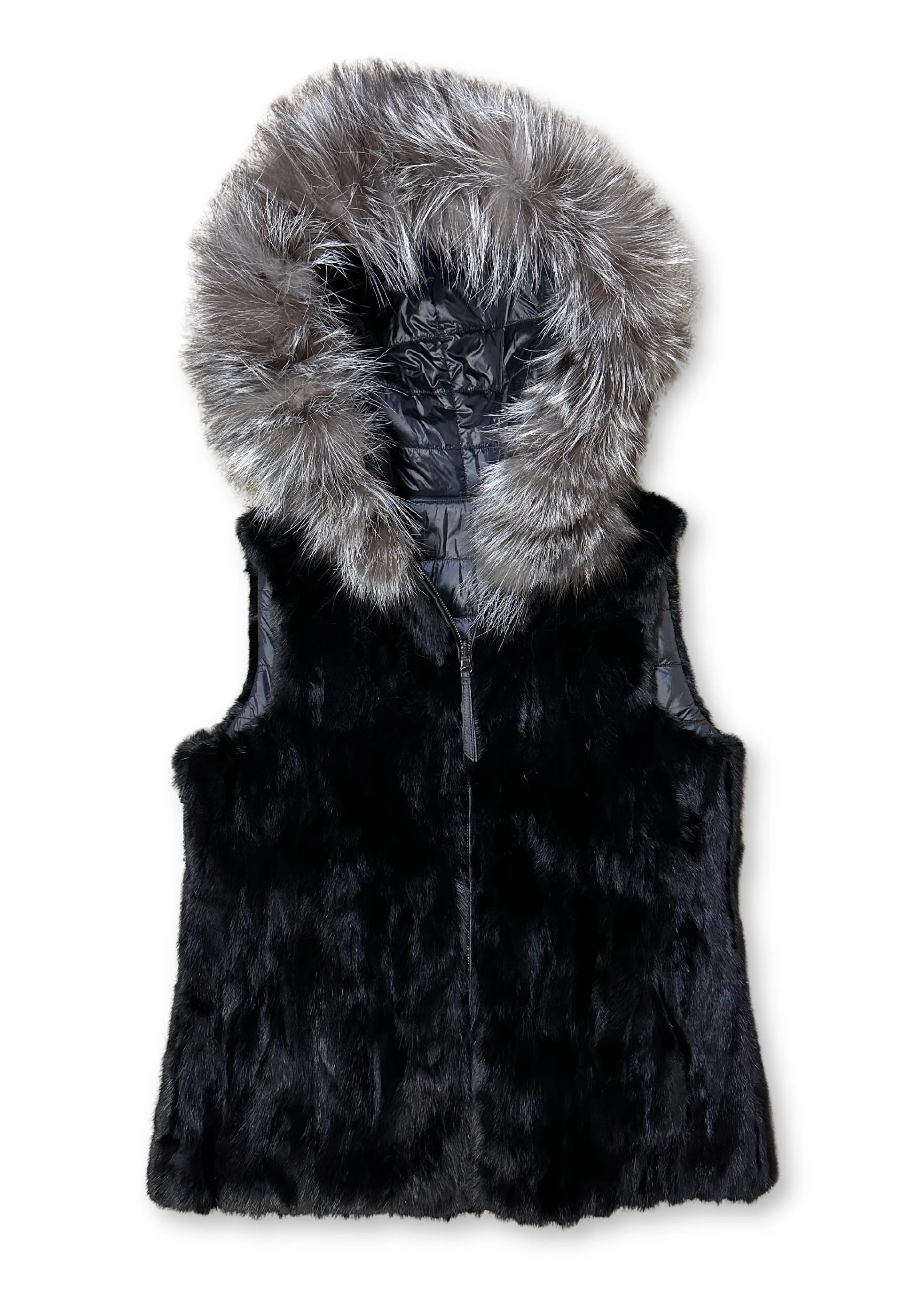 Rippe's Furs Reversible Sculpted Hooded Mink Vest with Fox Fur Trim - Black/Silver