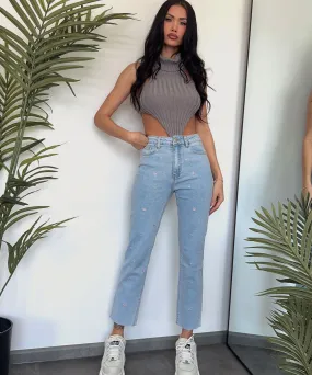 Stretch Mum Jeans Flower Hellblau