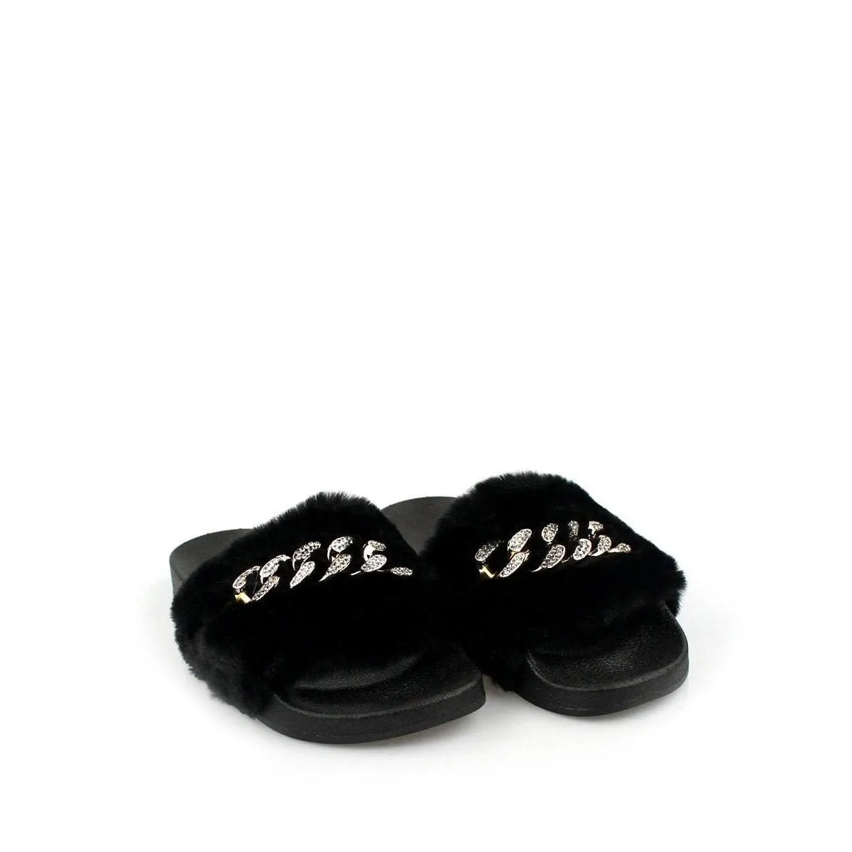 TIANNA Diamante Link Chain On Fur Mule