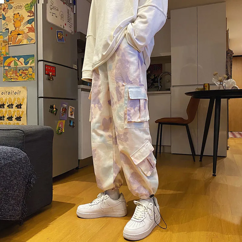 Tie-dye Pants Men's Fashion Casual Pocket Cargo Pants Men Streetwear Korean Loose Hip-hop Straight Wide-leg Pants Mens Trousers