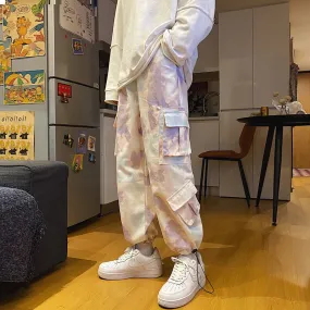 Tie-dye Pants Men's Fashion Casual Pocket Cargo Pants Men Streetwear Korean Loose Hip-hop Straight Wide-leg Pants Mens Trousers