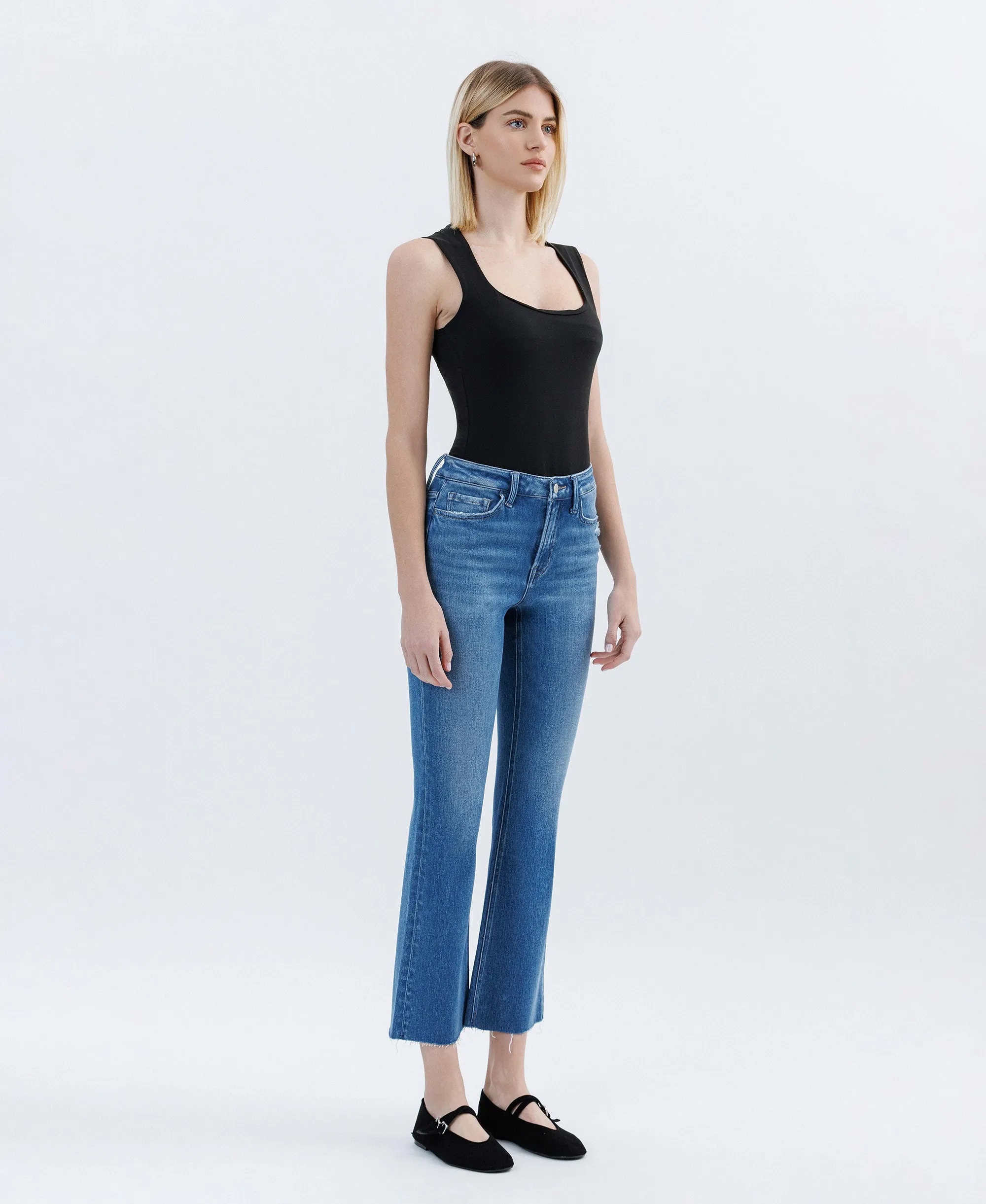 Vibrantly - High Rise Raw Hem Bootcut Jeans