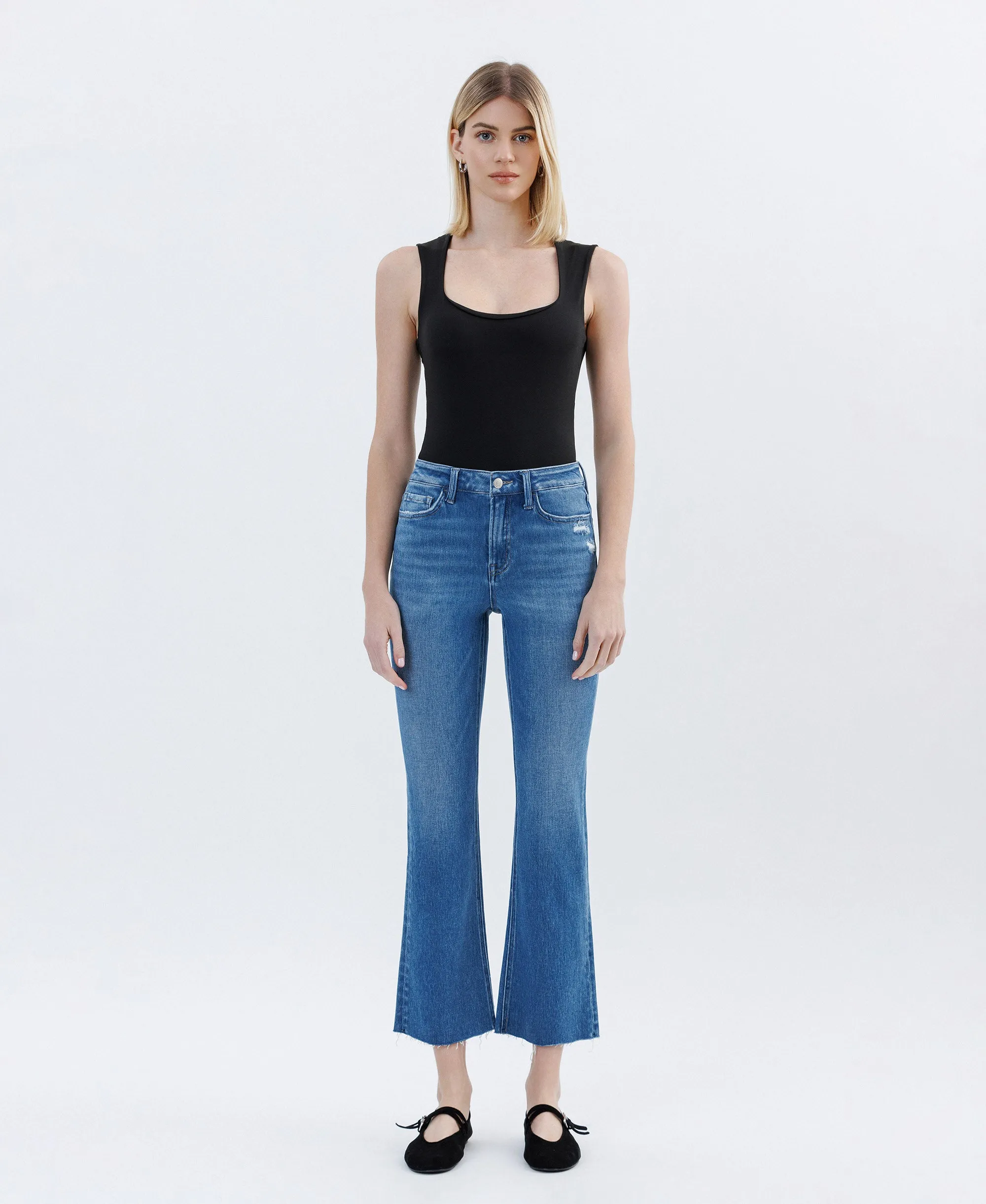 Vibrantly - High Rise Raw Hem Bootcut Jeans