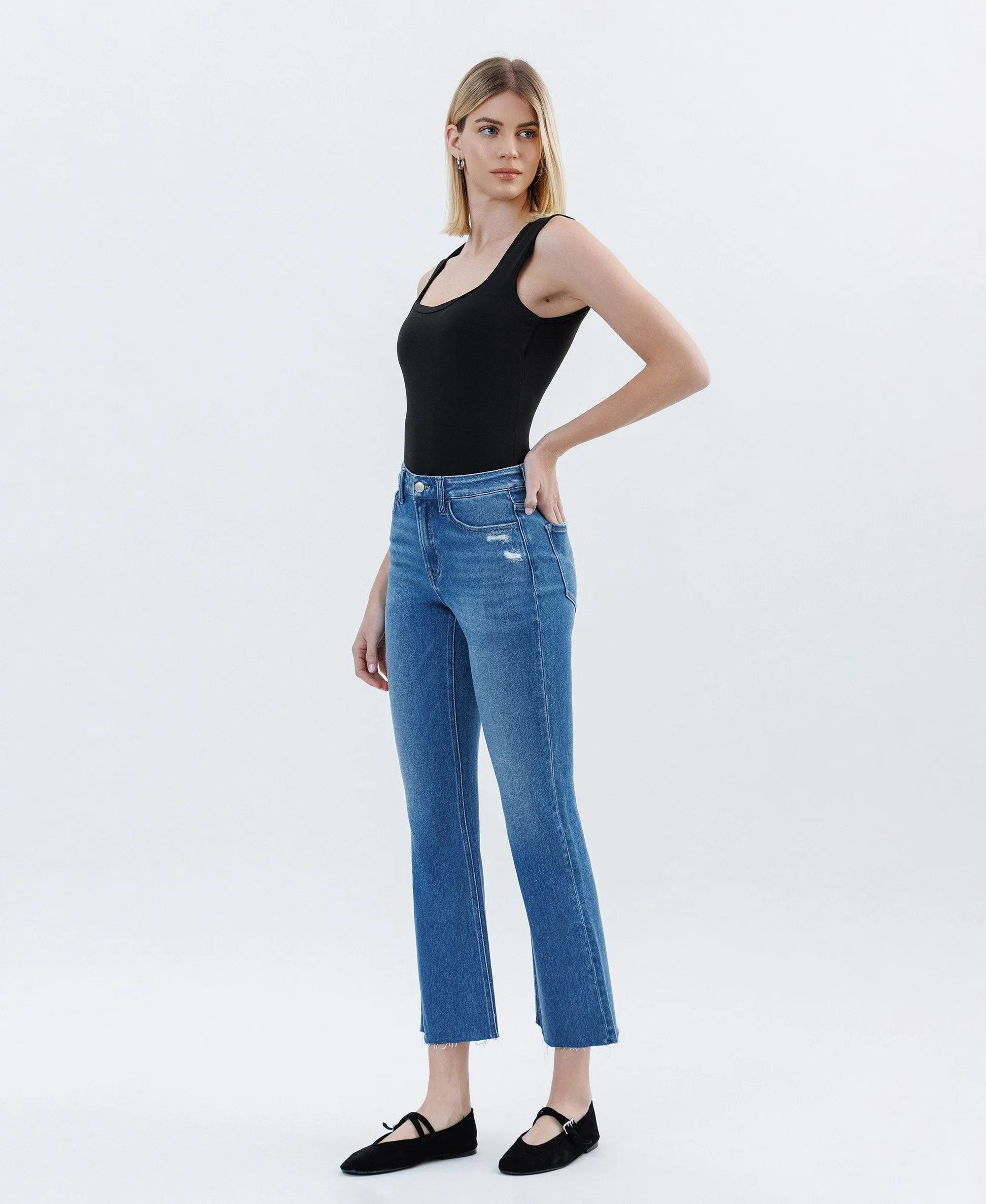 Vibrantly - High Rise Raw Hem Bootcut Jeans