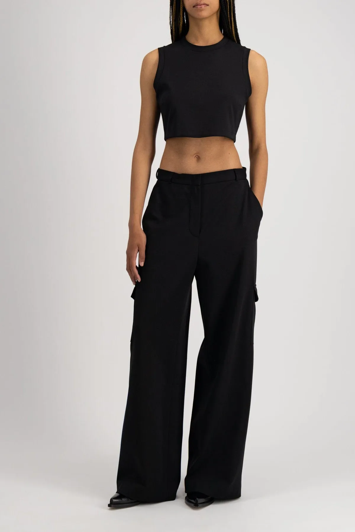 Wide Leg Cargo Trousers Techno Viscose Black
