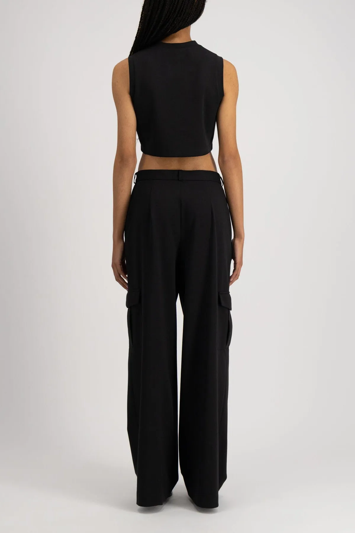 Wide Leg Cargo Trousers Techno Viscose Black