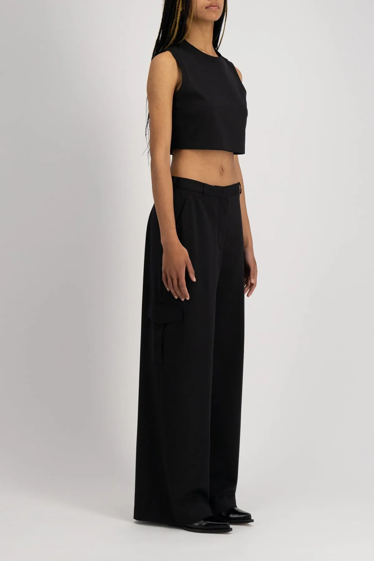 Wide Leg Cargo Trousers Techno Viscose Black