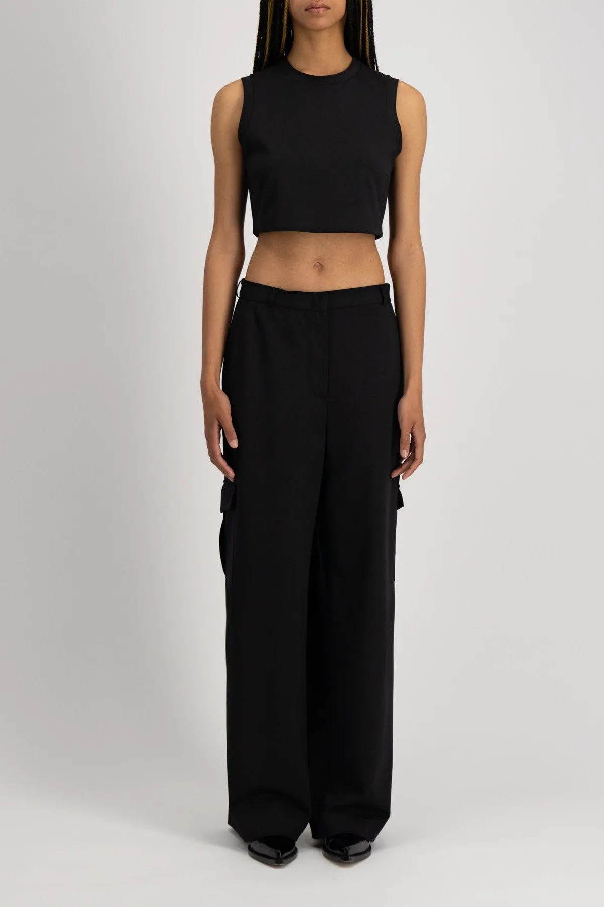 Wide Leg Cargo Trousers Techno Viscose Black
