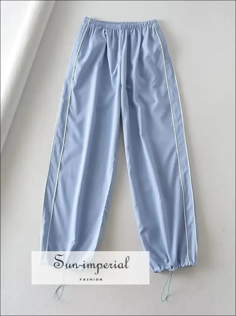 Woman Satin Side Stripes Loose Drawstring Long Cargo Trousers Hip Hop Sweatpants
