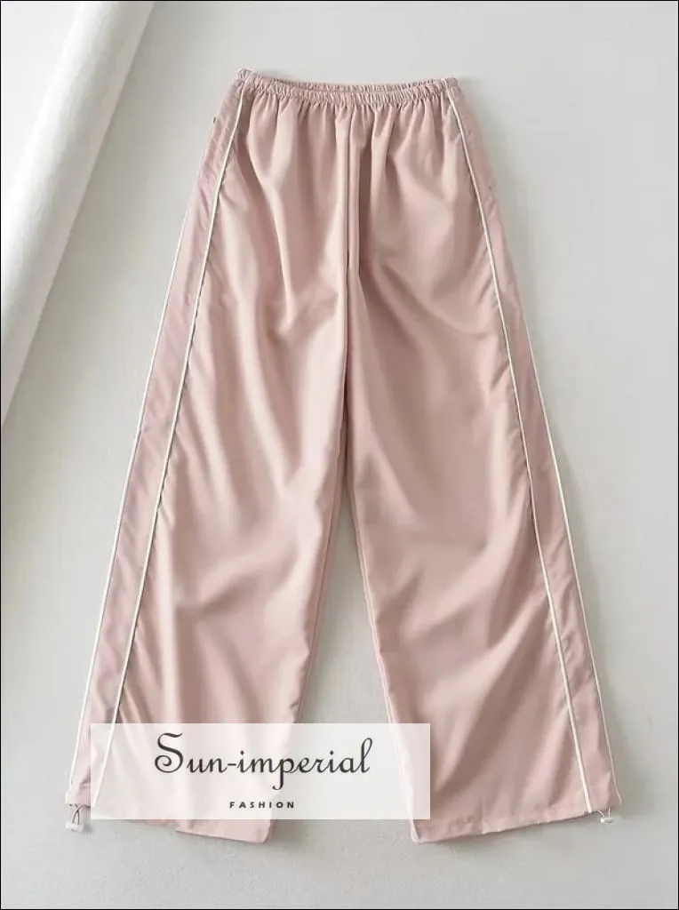 Woman Satin Side Stripes Loose Drawstring Long Cargo Trousers Hip Hop Sweatpants
