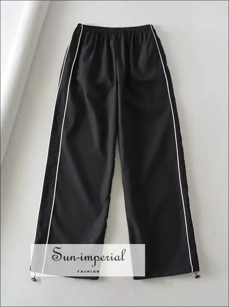 Woman Satin Side Stripes Loose Drawstring Long Cargo Trousers Hip Hop Sweatpants