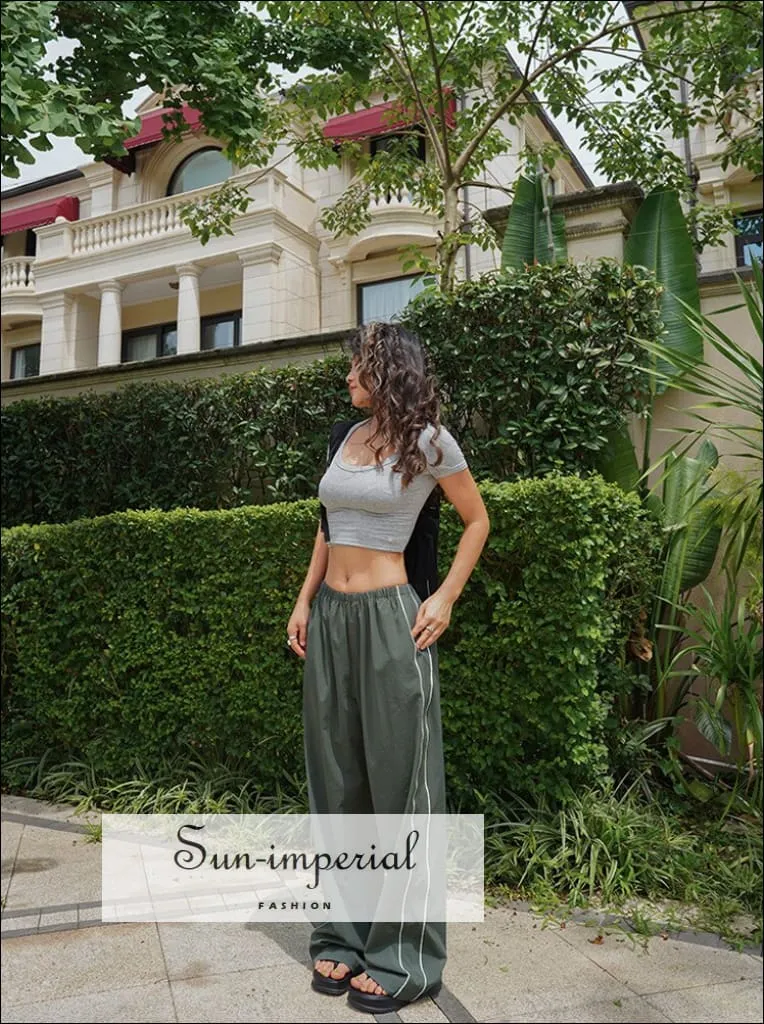 Woman Satin Side Stripes Loose Drawstring Long Cargo Trousers Hip Hop Sweatpants
