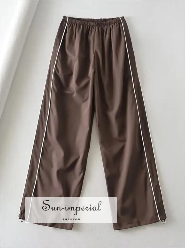 Woman Satin Side Stripes Loose Drawstring Long Cargo Trousers Hip Hop Sweatpants