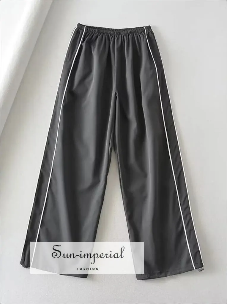 Woman Satin Side Stripes Loose Drawstring Long Cargo Trousers Hip Hop Sweatpants