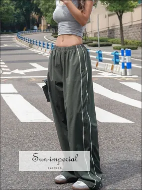 Woman Satin Side Stripes Loose Drawstring Long Cargo Trousers Hip Hop Sweatpants