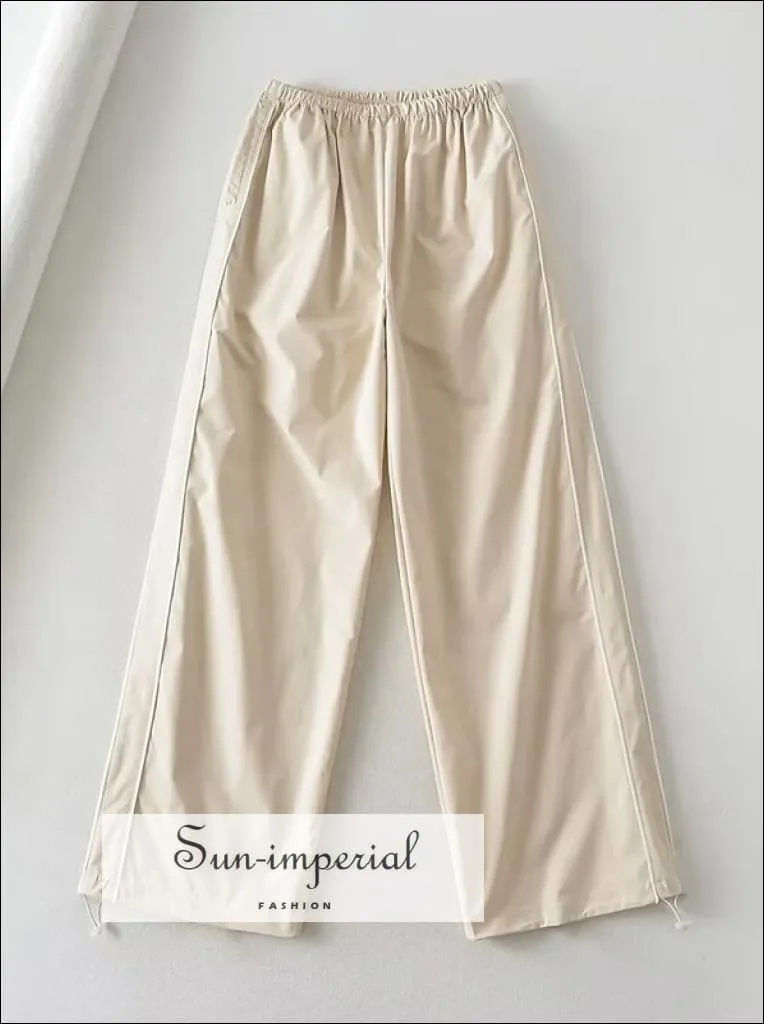 Woman Satin Side Stripes Loose Drawstring Long Cargo Trousers Hip Hop Sweatpants