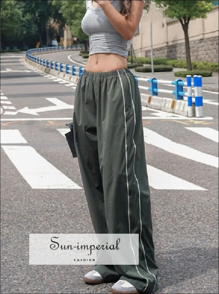 Woman Satin Side Stripes Loose Drawstring Long Cargo Trousers Hip Hop Sweatpants