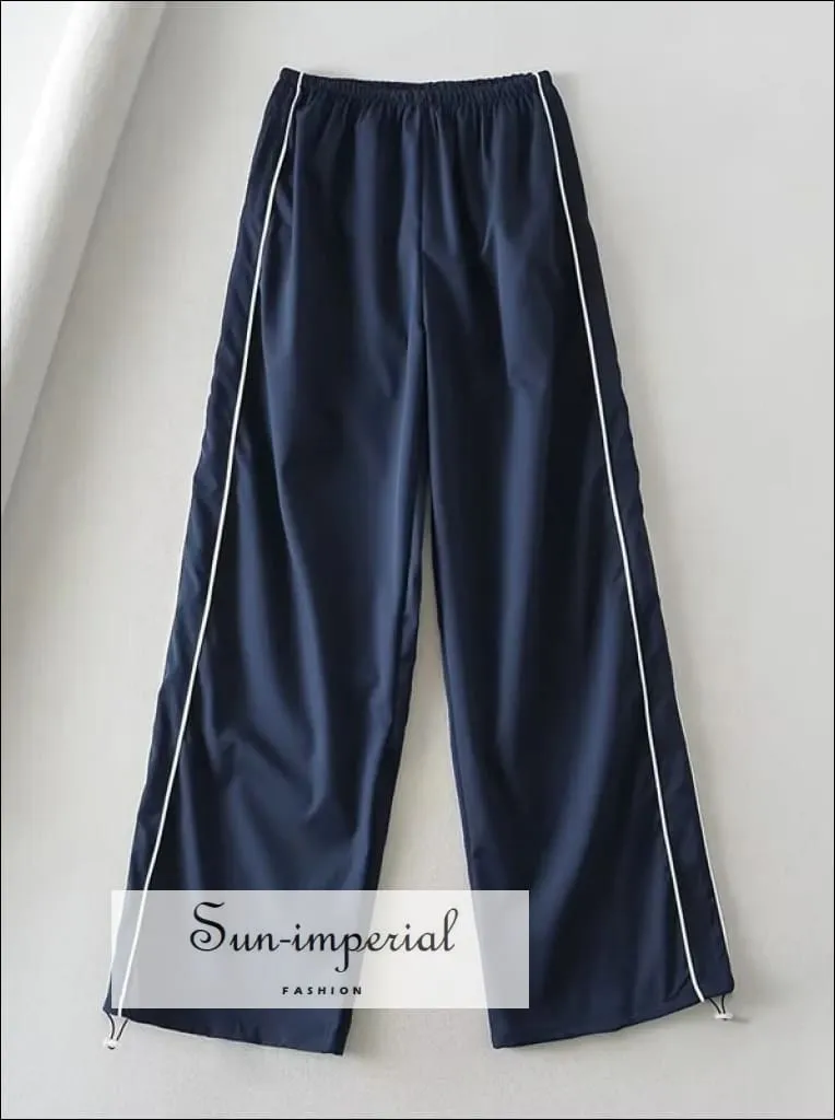 Woman Satin Side Stripes Loose Drawstring Long Cargo Trousers Hip Hop Sweatpants