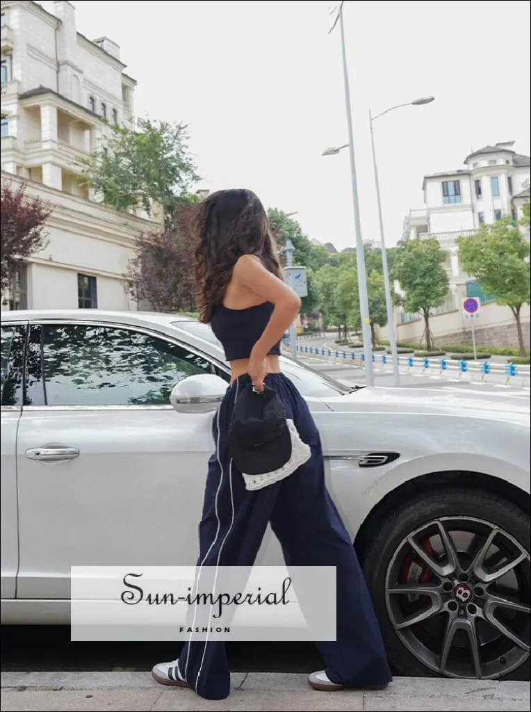 Woman Satin Side Stripes Loose Drawstring Long Cargo Trousers Hip Hop Sweatpants