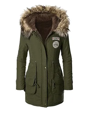 Womens Winter Warm Hooded Faux Fur Lined Parka Jacket Drawstring Long Coats Army Green M