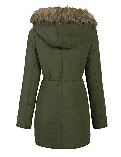 Womens Winter Warm Hooded Faux Fur Lined Parka Jacket Drawstring Long Coats Army Green M
