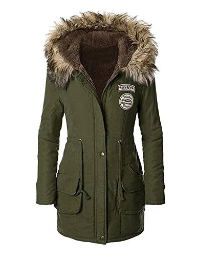 Womens Winter Warm Hooded Faux Fur Lined Parka Jacket Drawstring Long Coats Army Green M