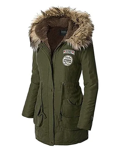 Womens Winter Warm Hooded Faux Fur Lined Parka Jacket Drawstring Long Coats Army Green M