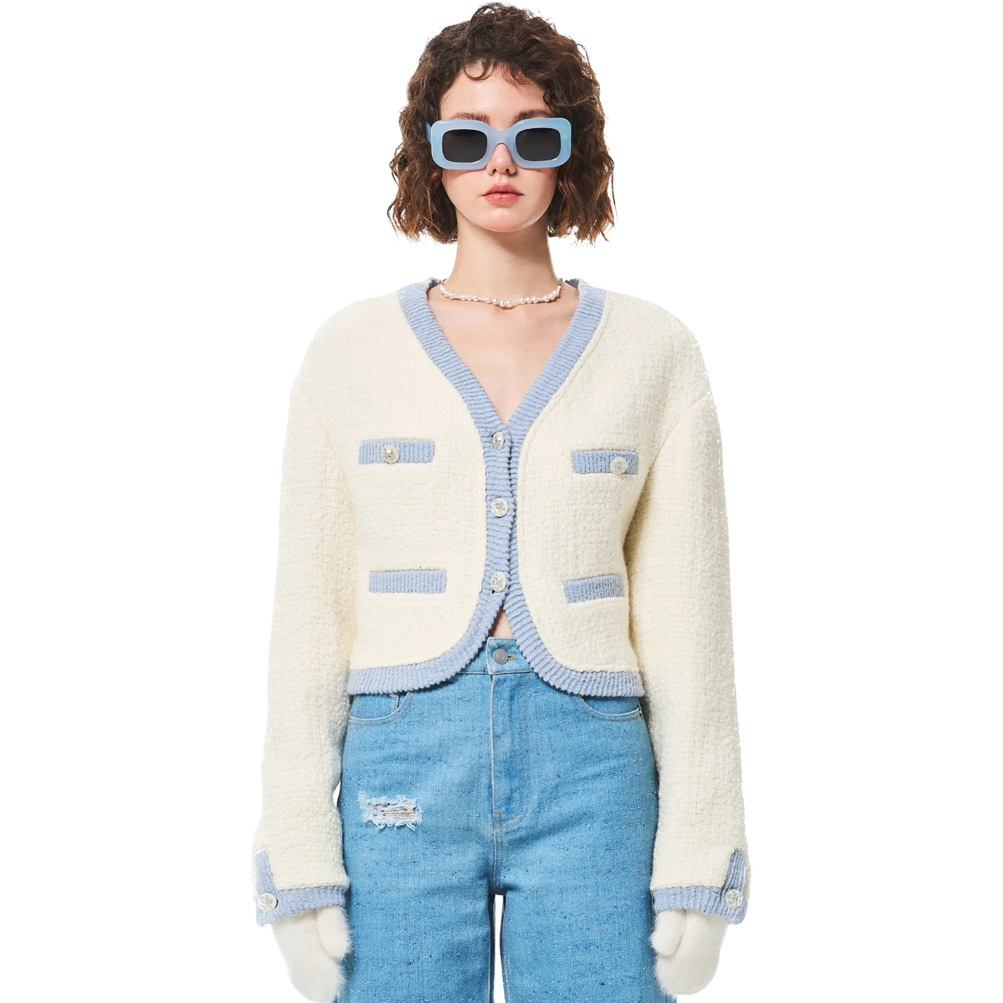 Wool Cardigan in White And Blue